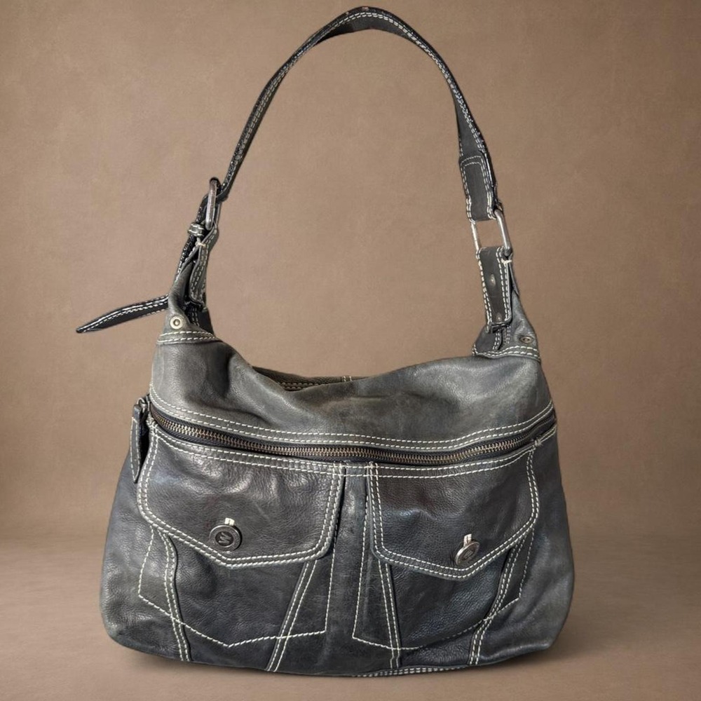 Y2K Black Wilson Leather Shoulder Bag White Stitching Cargo Pocket Hobo Purse
